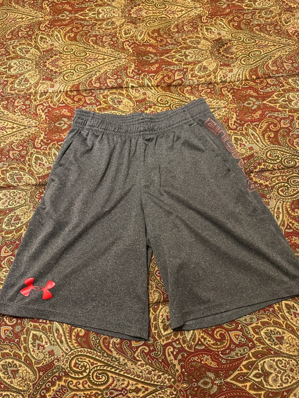 Under Armour boy’s Charcoal Athletic Shorts with Red Logo